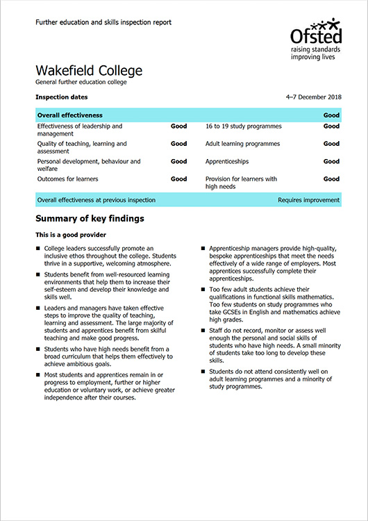 Image of Ofsted Report: Wakefield College 2018 cover