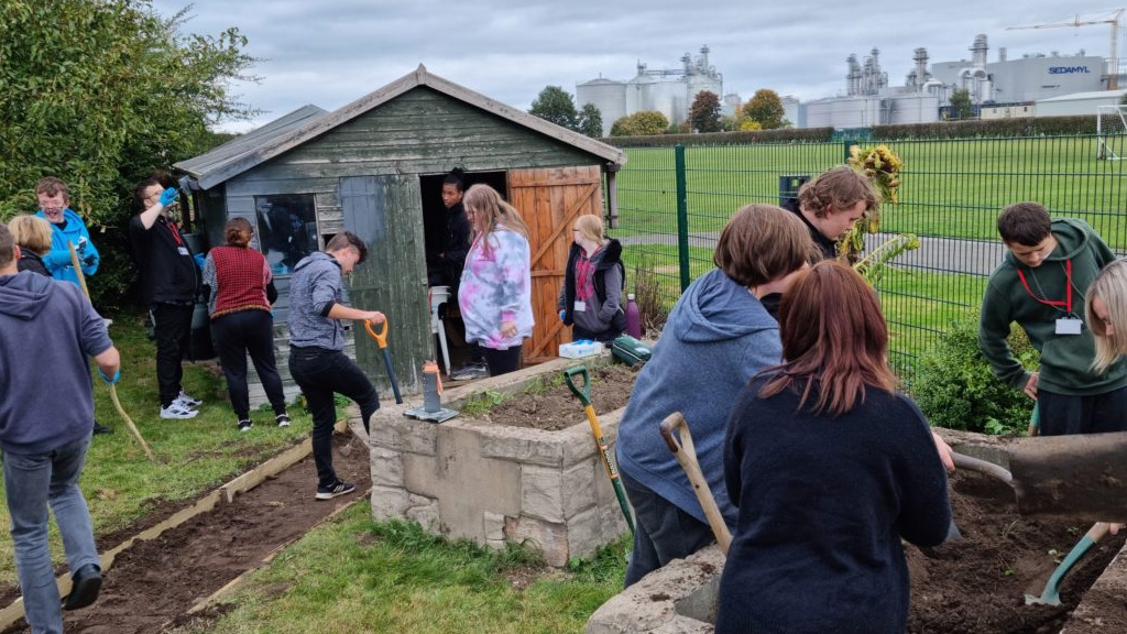 Students working on the garden project