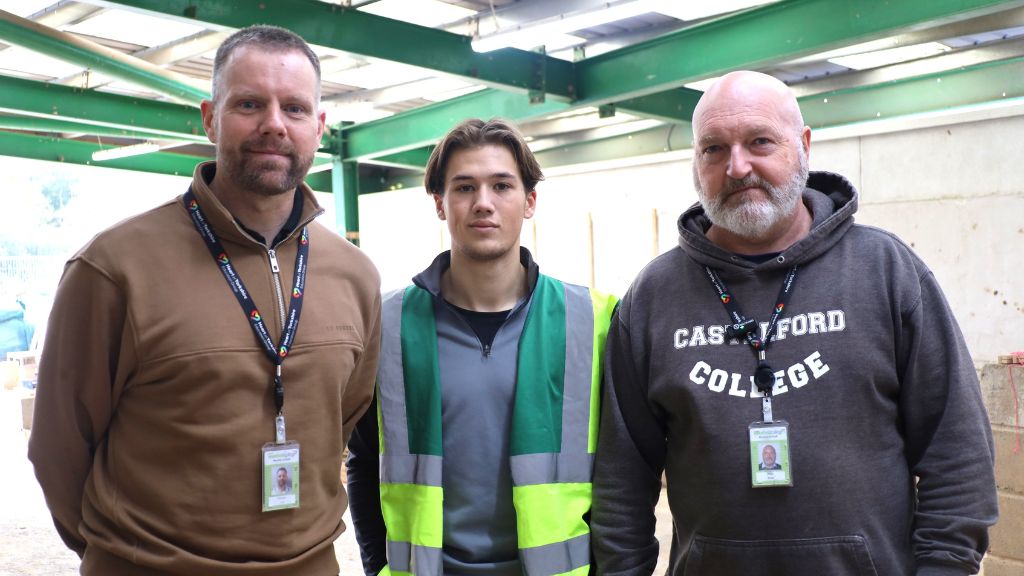 Alfie (middle) with his tutor Chris Leaf (left) and Inclusion Practitioner, Phil Evans (right)