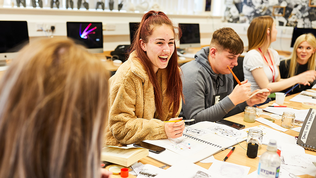 A group of art students working