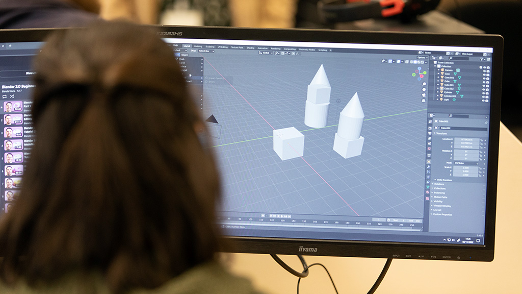 Student on a PC working with 3D models